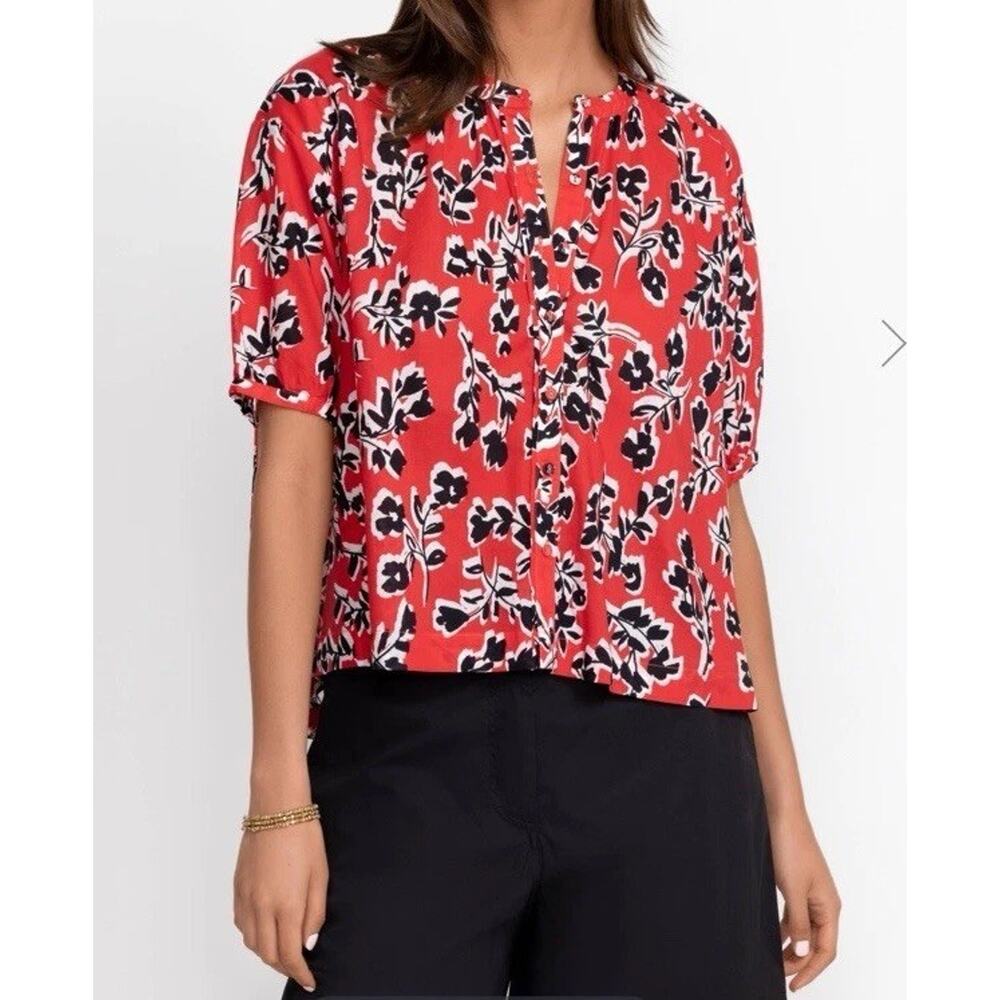 Johnny Was Calme Button Up Top Womens XL Red‎ Floral Short Puff Sleeve Relaxed